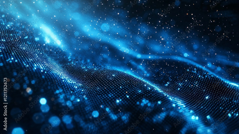Poster Captivating blue light rays weave through a dark background, creating a mesmerizing display of shimmering particles and gentle waves