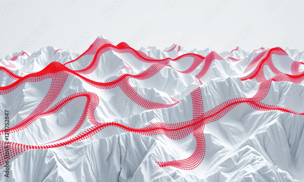 Poster abstract landscape with white mountains and red dotted lines creating dynamic visual effect. design 