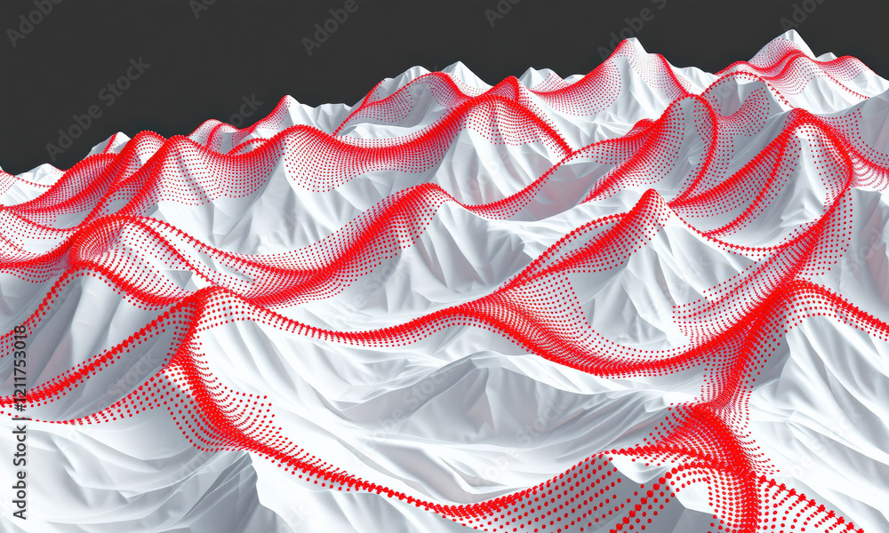Poster abstract landscape with red dotted lines creating wave effect, showcasing modern artistic interpreta