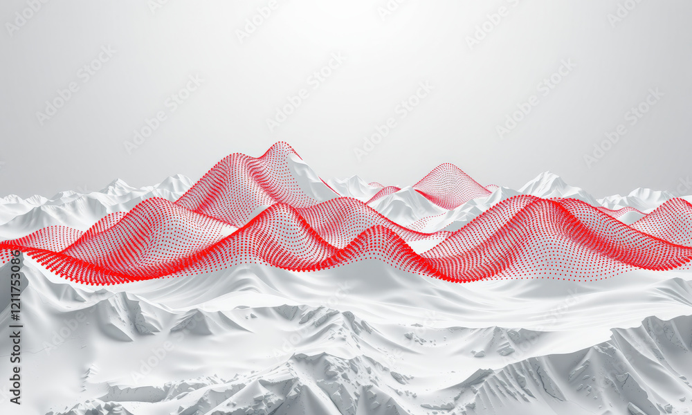 Poster digital abstract landscape featuring red wave patterns over white mountainous terrain, creating stri