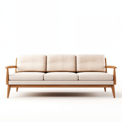 MidCentury Modern Sofa Beige Upholstery Wooden Frame