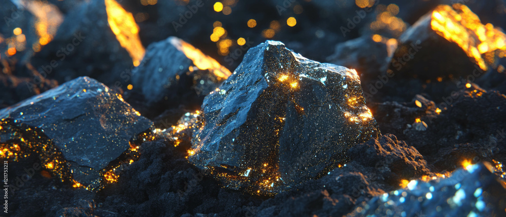 Poster volcanic rock with unique textures and sparkling gold contrasts in formations