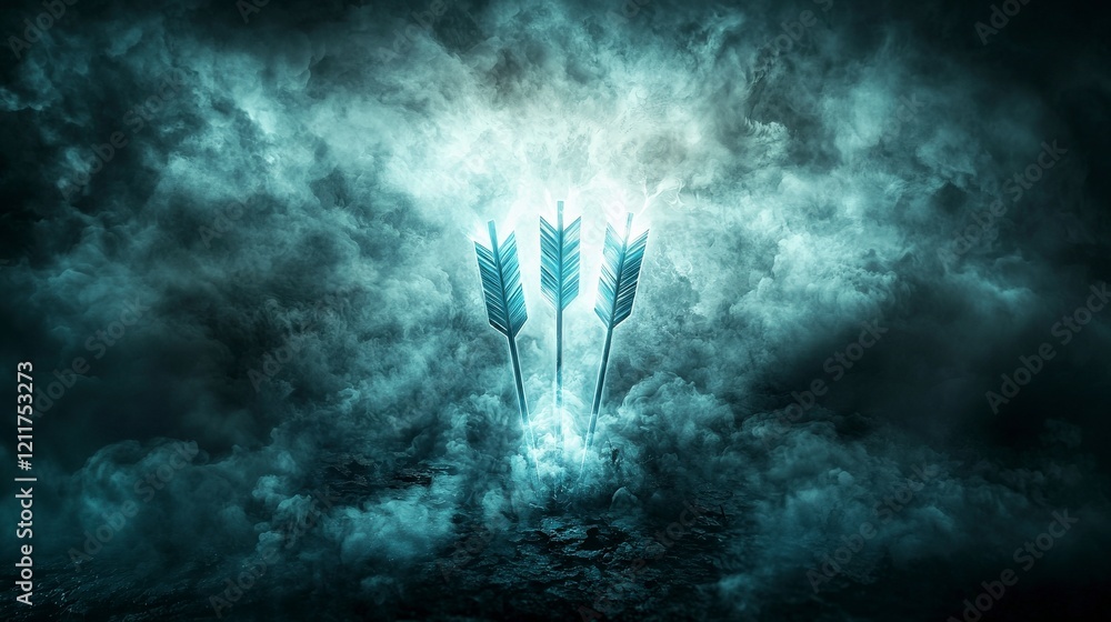 Poster dynamic abstract arrows piercing through swirling darkness digital art atmospheric scene fantasy dra