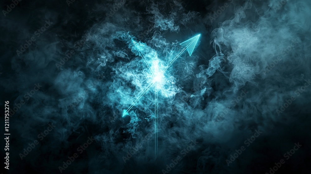 Poster abstract glowing arrows piercing through dense swirling smoke digital art concept mysterious atmosph