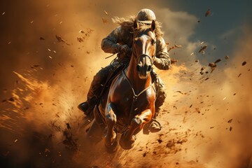 Naklejka premium A horseback rider jumping over an obstacle