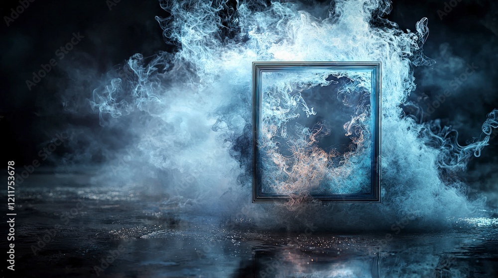 Poster misty shapes transforming into geometric frame dark studio abstract art ethereal environment artisti