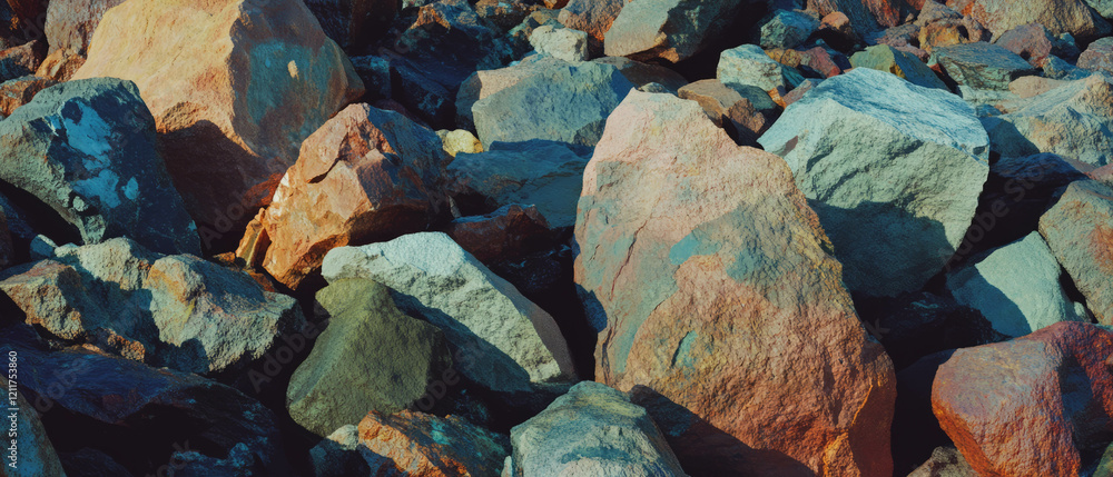 Aufkleber exploring weathered rocks with varied colors and rough textures in a natural landscape