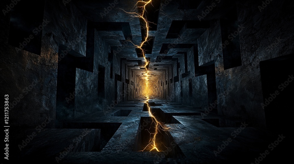 Poster Dynamic contrast of light and dark lines abstract tunnel digital art futuristic environment abstract concept