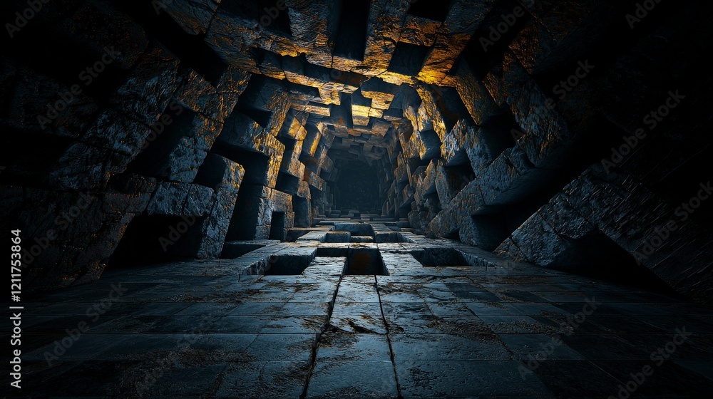 Poster Contrasting abstract parallel lines in a dark cave digital art mysterious environment depth perspective