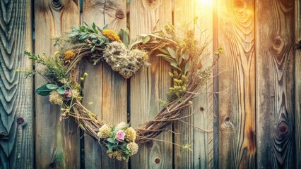 Obraz premium Heart-shaped floral wreath adorns rustic wooden fence, bathed in warm sunlight