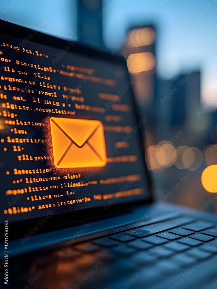 Poster hacked laptop screen displaying phishing email and warning notification in home setting