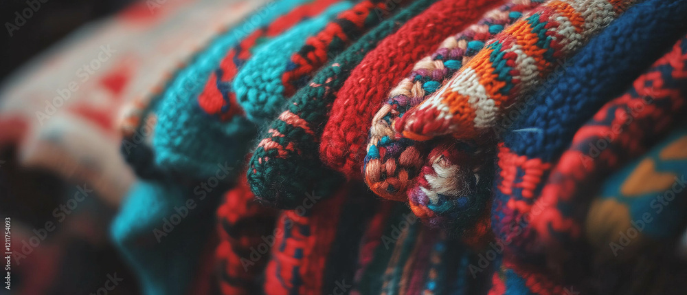 Poster Vibrant woven fabric showcasing intricate patterns and colorful threads in a textile display