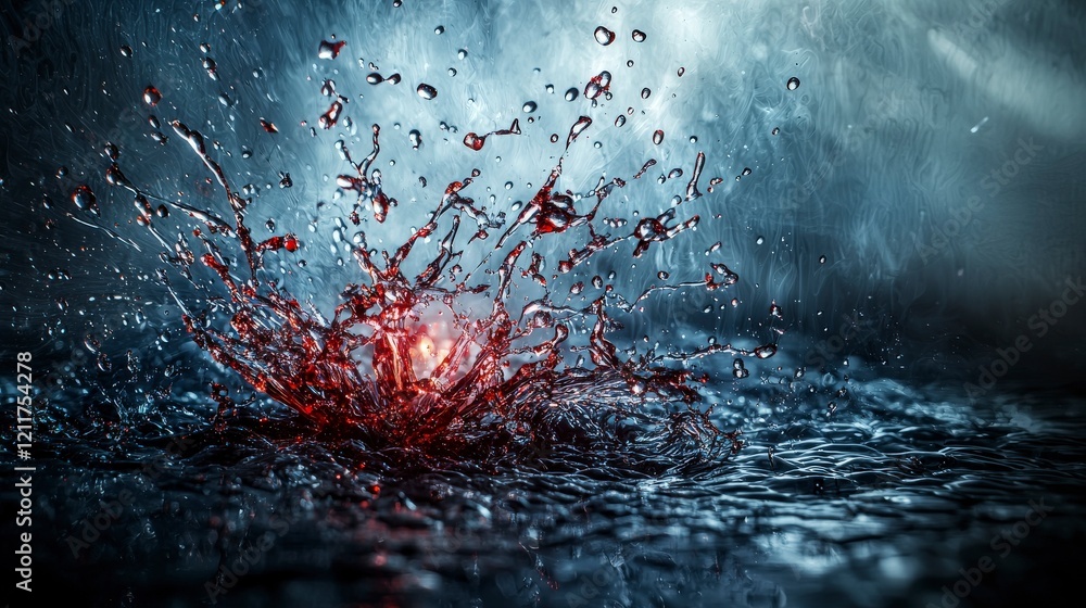 Fototapete Ethereal fragments exploding from liquid droplets dark water background high-quality image abstract aesthetic