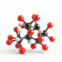 Vitamin c molecule rotating on white background, showing oxygen atoms in red, carbon atoms in black, and hydrogen atoms in white