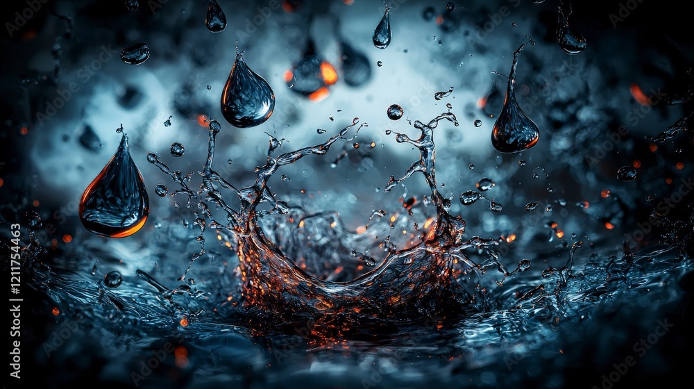 Poster Close-up view of intricate water splashes creating dark patterns in dynamic underwater photography