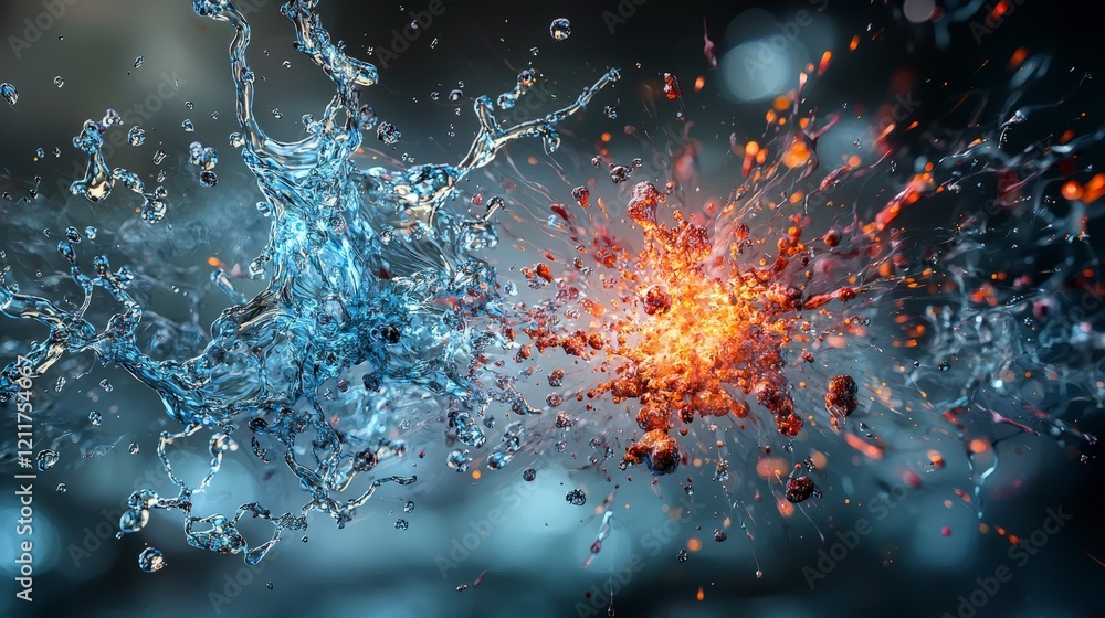 Poster delicate explosions of water and fire abstract art studio high-definition close-up visual contrast