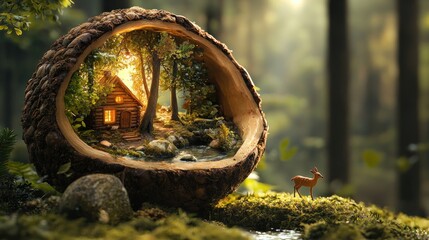 Obraz premium Enchanted Forest Cabin: A Miniature World of Serenity and Wonder