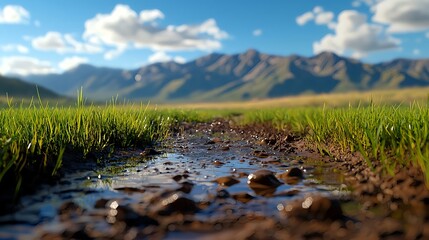 Obraz premium Serene Stream with Lush Green Grass and Majestic Mountains in View