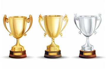 Trophy cups, golden goblet, silver reward, champion bowls. Contest winner award collection, prize cup