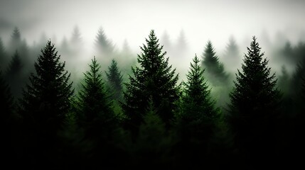 Obraz premium Misty Forest Landscape with Tall Green Pine Trees in Foggy Atmosphere