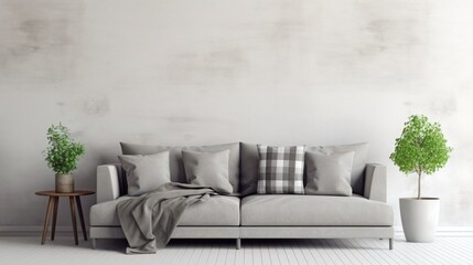 Stylish living room interior featuring a gray sofa with green accent pillows, vibrant potted plants, and a wooden coffee table, creating a cozy and eco-friendly atmosphere.  Interior designers or home