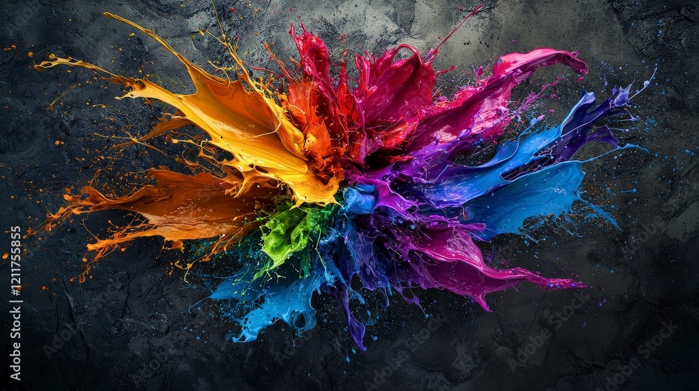 Poster Close-up of vibrant abstract artwork dynamic and chaotic streaks of color on textured canvas in art studio