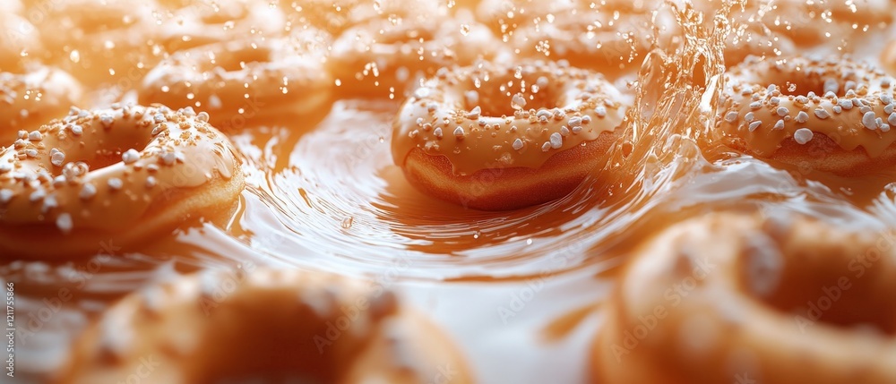 Aufkleber delicious caramel donuts splashing into a pool of caramel, creating a tempting and visually appealin