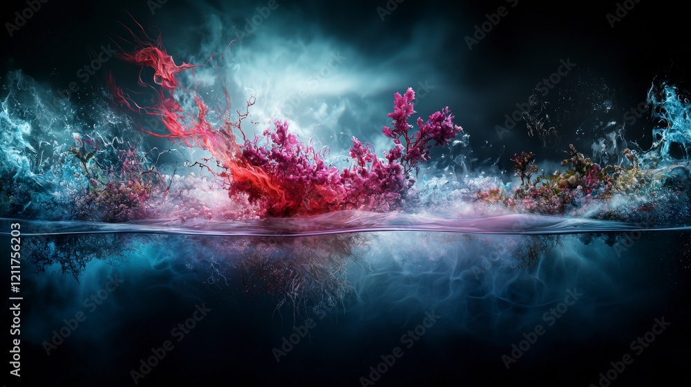 Leinwandbilder Dynamic horizontal strokes breaking through a surreal landscape of colorful water and light abstract art dark setting