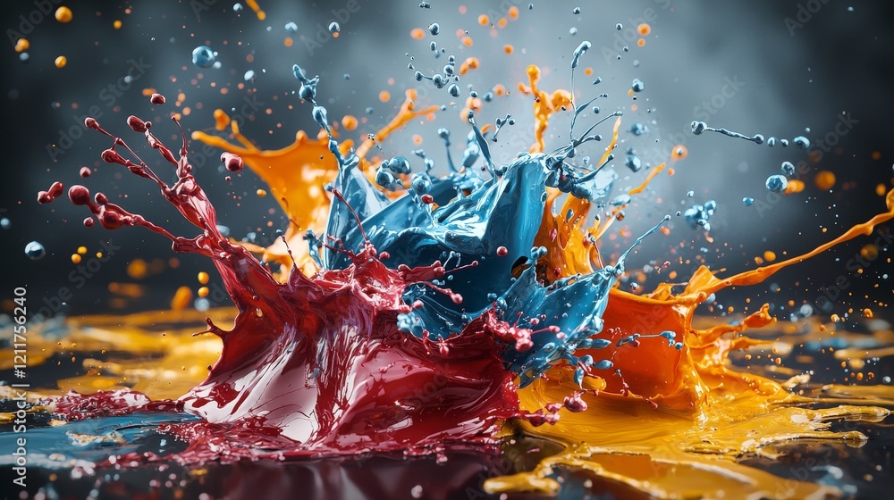 Poster dynamic irregular paint splashes studio photography vibrant colors close-up art and creativity