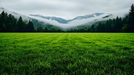 Fototapeta premium Serene Misty Landscape with Lush Green Field and Foggy Mountains