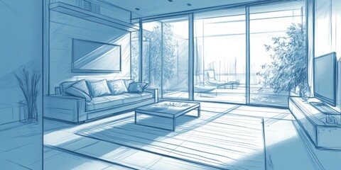 Obraz premium Modern Living Room Design Sketch Showing Patio Access