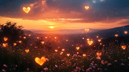 Fototapeta premium Magical sunset landscape with glowing hearts floating over wildflowers and hills.