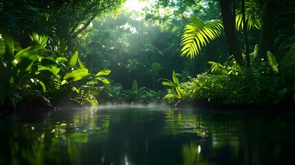 Fototapeta premium Serene Jungle Landscape with Lush Greenery and Tranquil Water