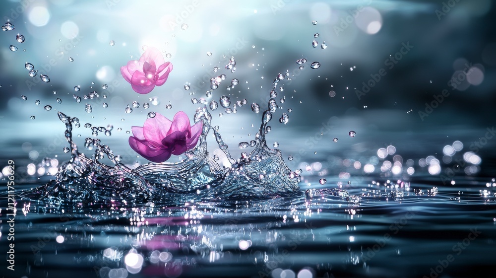 Poster ethereal blossoms in water nature scene water droplets calm environment close-up view dynamic reflec