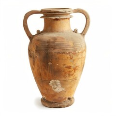 Old terracotta amphora isolated on white background, representing ancient greek pottery and craftsmanship