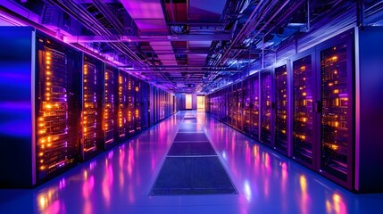 Fototapeta premium Advanced Data Center Interior with Colorful Lights and Cables