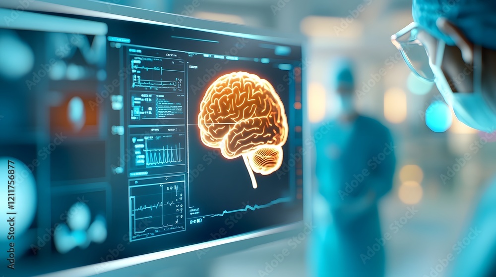 Poster futuristic healthcare interface with holographic brain scan and ai powered medical data displays