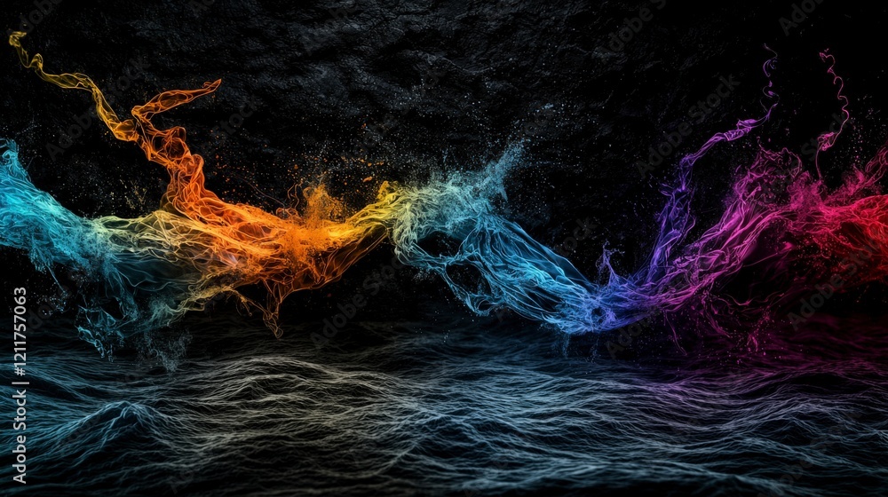 Poster dynamic waves of deep black hues interacting with faint colors abstract art studio high contrast dra
