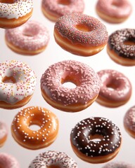 Delicious assorted donuts, various colors and sprinkles, falling against a white background. Perfect for food blogs, bakery websites, or any project needing a sweet treat image.