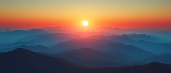 Sun Setting Over Misty Mountains.