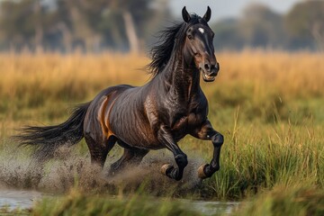 Dark horse gallops through shallow water.