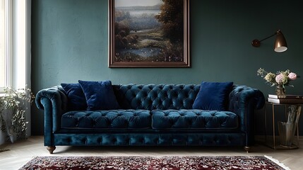 Luxurious tufted teal sofa in a modern stylish living room setting