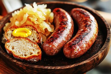 Fototapeta premium Enjoying traditional German bratwurst sausage with sauerkraut and bread on a wooden plate at a festive outdoor market