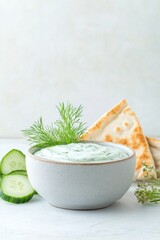 Fresh tzatziki sauce with cucumber and dill served alongside warm pita on an elegant plate for a vibrant culinary experience