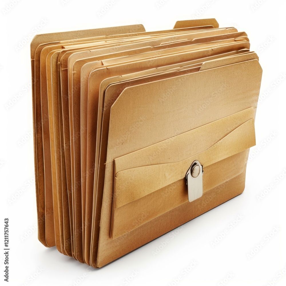Poster expanding folder with many dividers and a clasp stands upright on a white background, ready for orga