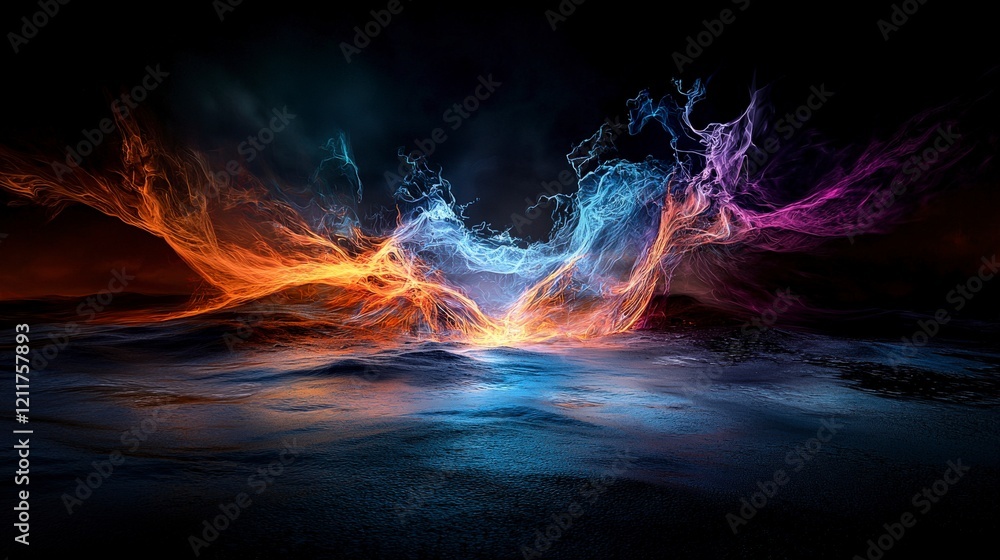 Poster ethereal light and shadow dance over ocean waves abstract art digital canvas nighttime close-up vibr