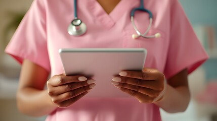 Nurse in Pink Scrubs Reviewing Patient Data on Tablet in Hospital