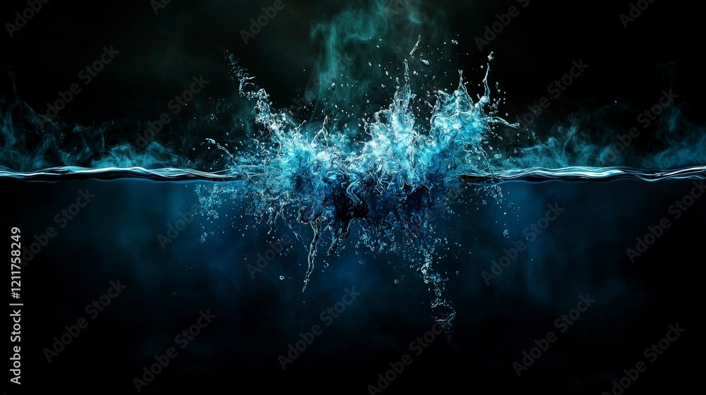 Poster Ethereal water splash event dark environment abstract art captivating viewpoint textured composition for visual impact
