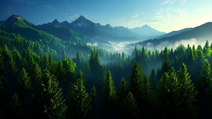Serene Mountain Landscape with Lush Green Forest and Misty Valley