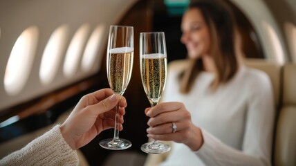 A celebration aboard a private jet, featuring two people toasting with champagne in elegant flutes, radiating luxury and joy.